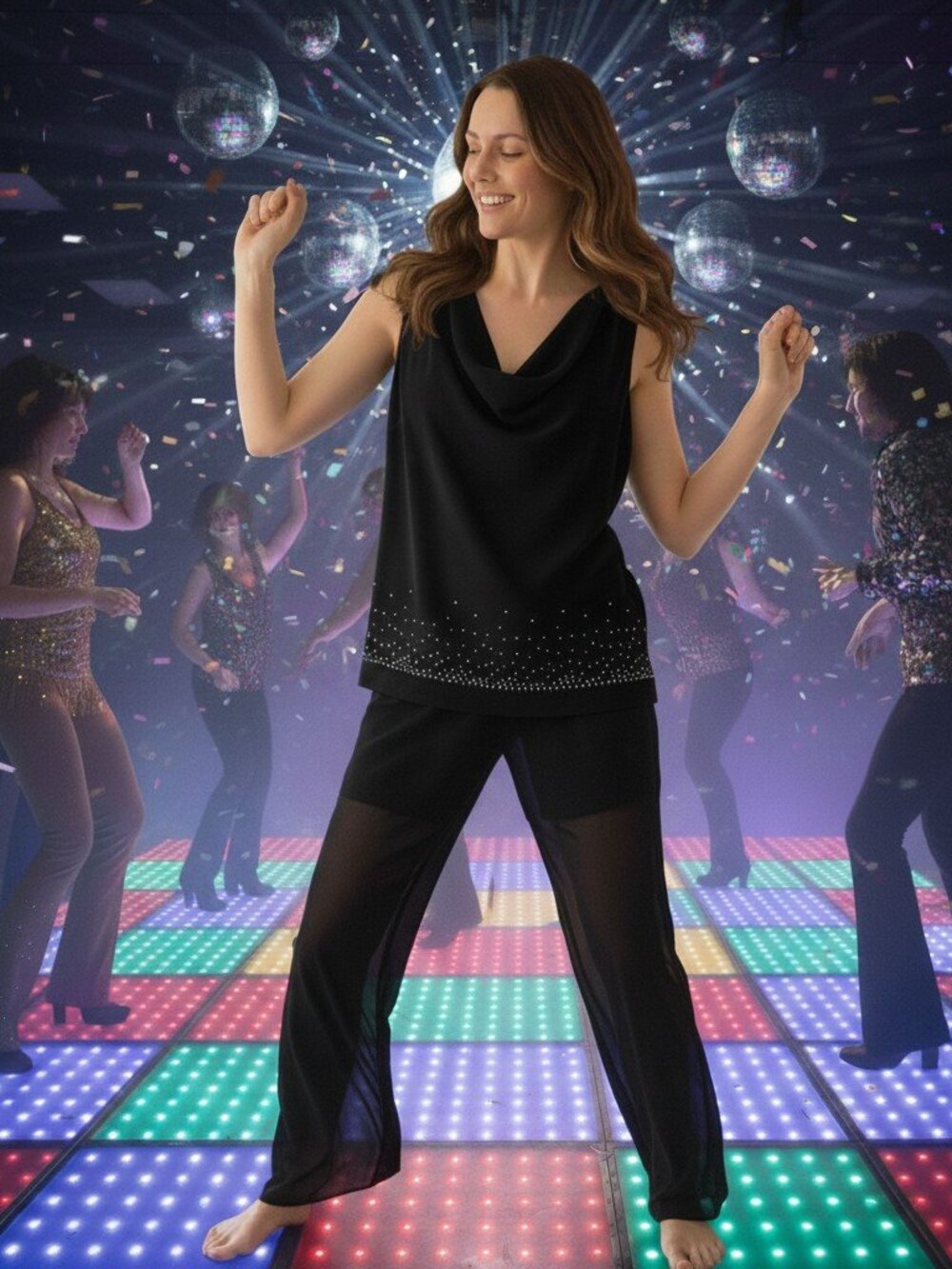 Rare 1970s Betsy A Dam by Jas Lene Disco Carwash Set Black Studded Pants & Cowl